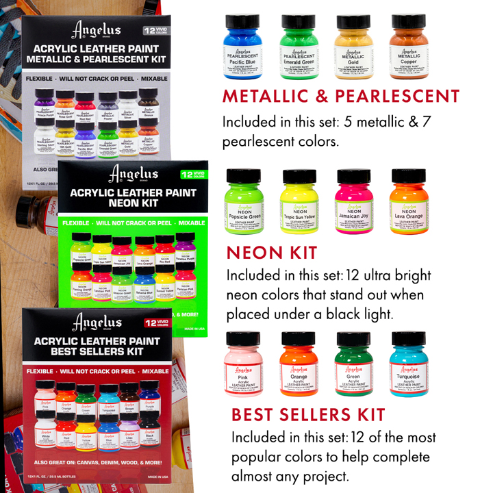 Angelus Acrylic Leather Paint Best Sellers Kit - Set of 12 paints